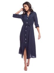 Lin Passion Lniana sukienka w kolorze granatowym rozmiar: 38/40. Niebieskie sukienki damskie Lin Passion, bez wzorów, ze lnu, klasyczne, bez kołnierzyka, bez ramiączek, midi, rozkloszowane. Za 173.99 zł.