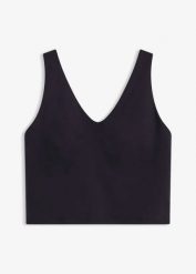 Top sportowy ze średnim stopniem podtrzymywania, o bawełnianej fakturze. Czarne topy damskie bonprix, l, bez wzorów, z bawełny, bez ramiączek. Za 32.99 zł.
