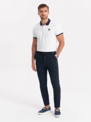Dzianinowe spodnie męskie z gumką w pasie - granatowe V3 OM-PACP-0116 - XXL. Niebieskie spodnie materiałowe męskie Ombre Clothing, bez wzorów, z dzianiny. W wyprzedaży za 149.99 zł.