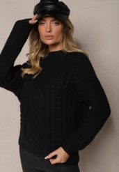 Czarny Sweter z Wiskozą i Ozdobnym Splotem Mialiana. Czarne swetry klasyczne damskie Renee, na zimę, m, z wiskozy, bez kołnierzyka. Za 69.99 zł.