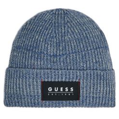 Czapka Guess. Niebieskie czapki męskie Guess, na zimę, z aplikacjami. Za 169.99 zł.