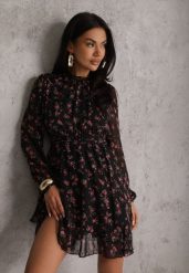 Czarna Sukienka Rozkloszowana w Kropki i Kwiatowy Print z Falbanami Ediannela. Czarne sukienki damskie Renee, na imprezę, na lato, l, bez wzorów, z poliesteru, eleganckie, bez kołnierzyka, bez ramiączek, mini, rozkloszowane. Za 129.99 zł.