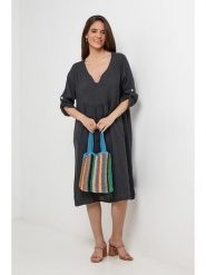 Le Monde du Lin Lniana sukienka w kolorze antracytowym rozmiar: 40/42. Czarne sukienki damskie Le Monde du Lin, bez wzorów, ze lnu, bez kołnierzyka, bez ramiączek, midi. Za 173.99 zł.