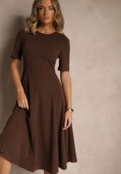 Brązowa Sukienka Rozkloszowana o Taliowanym Fasonie Telaswena. Brązowe sukienki damskie Renee, na randkę, l, bez wzorów, eleganckie, bez kołnierzyka, bez ramiączek, midi, rozkloszowane. Za 99.99 zł.