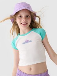 4F T-shirt cropped z nadrukiem dziewczęcy - turkusowy 164 (13-14 lat). Niebieskie koszulki dziewczęce 4f, bez wzorów, z bawełny, bez ramiączek. W wyprzedaży za 9.99 zł.