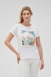 T-shirt z nadrukiem biały. Białe t-shirty damskie MOODO, l, bez wzorów, z bawełny, bez kołnierzyka. Za 59.99 zł.