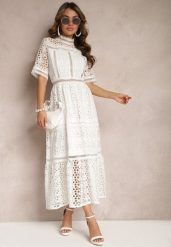 Biała Rozkloszowana Sukienka Maxi Ażurowa z Falbanką Ranilette. Białe sukienki damskie Renee, na lato, m, w ażurowe wzory, eleganckie, bez kołnierzyka, bez ramiączek, maxi, rozkloszowane. W wyprzedaży za 139.99 zł.