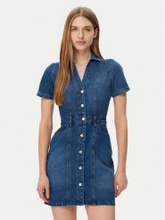 Morgan Sukienka jeansowa 241-ROGLA Niebieski Regular Fit. Niebieskie sukienki damskie Morgan, bez wzorów, z bawełny, bez kołnierzyka, bez ramiączek. Za 259.99 zł.