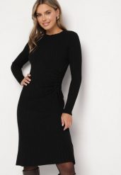 Czarna Dopasowana Sukienka z Wiskozą z Prążkowanego Materiału Ściągana Troczkiem Eleavia. Czarne sukienki damskie Born2be, na co dzień, z aplikacjami, z dzianiny, bez kołnierzyka, bez ramiączek, dopasowane. Za 124.99 zł.