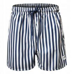 Męskie Spodenki Plażowe (Kąpielowe) - Pako Jeans - Granatowe w Prążek. Niebieskie kąpielówki męskie Pako Jeans, l, bez wzorów, z jeansu, żeglarskie. Za 75.00 zł.