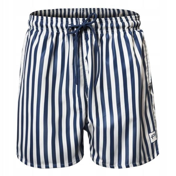 Męskie Spodenki Plażowe (Kąpielowe) - Pako Jeans - Granatowe w Prążek. Niebieskie kąpielówki męskie Pako Jeans, l, bez wzorów, z jeansu, żeglarskie. Za 75.00 zł.