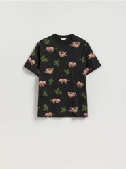 T-shirt regular ze świątecznym motywem - czarny. Czarne t-shirty męskie Reserved, l, bez wzorów, z bawełny, bez kołnierzyka. Za 49.99 zł.