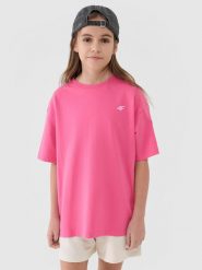 4F T-shirt oversize gładki dziewczęcy - różowy 140 (9-10 lat). Czerwone koszulki dziewczęce 4f, bez wzorów, z bawełny, bez ramiączek. W wyprzedaży za 29.99 zł.