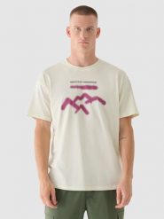 4F T-shirt oversize z nadrukiem męski - beżowy L. Brązowe t-shirty męskie 4f, l, bez wzorów, z bawełny, bez kołnierzyka. W wyprzedaży za 29.99 zł.