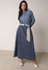 Granatowa Rozkloszowana Spódnica Jeansowa z Bawełny z Paskiem z Apaszką Ipharianne. Niebieskie spódniczki damskie Born2be, l, bez wzorów, z bawełny, biznesowe, midi, koszulowe. Za 179.99 zł.