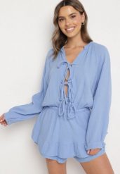 Niebieski Wiązany Bawełniany Kombinezon Boho z Falbankami i Wiązaniem Lalelia. Niebieskie kombinezony damskie Born2be, na lato, uniwersalny, bez wzorów, z bawełny, boho, bez kołnierzyka, bez ramiączek. Za 149.99 zł.