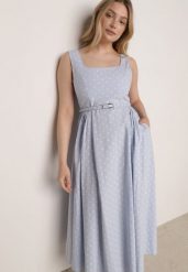 Niebieska Bawełniano-Wiskozowa Sukienka Retro w Groszki o Rozkloszowanym Kroju Eviphaia. Niebieskie sukienki damskie Born2be, na co dzień, m, bez wzorów, z bawełny, klasyczne, bez kołnierzyka, bez ramiączek, maxi, rozkloszowane. Za 179.99 zł.