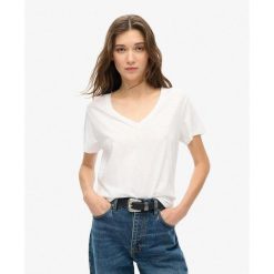 Damska koszulka z haftem i płomieniem v-neck Superdry. Białe bluzki damskie Superdry., bez wzorów, z bawełny, bez kołnierzyka. Za 124.45 zł.