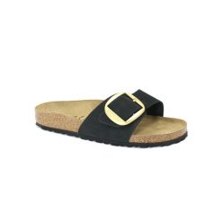 Klapki damskie Birkenstock Madrid Big Buckle. Czarne klapki damskie Birkenstock, bez wzorów, z materiału, bez obcasa. Za 746.00 zł.