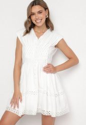 Biała Sukienka z Wiskozy i Bawełny z Ozdobnymi Perłami i Ażurowymi Wycięciami Felsemi. Białe sukienki damskie Born2be, na co dzień, m, w ażurowe wzory, z bawełny, eleganckie, bez kołnierzyka, bez ramiączek, mini, rozkloszowane. Za 199.99 zł.