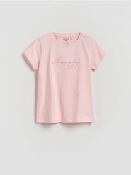 T-shirt z haftowanym napisem - różowy. Czerwone koszulki dziewczęce Reserved, bez wzorów, z bawełny, bez ramiączek. Za 19.99 zł.