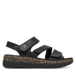 Sandały Rieker. Czarne sandały damskie Rieker, bez wzorów, bez obcasa, na koturnie. Za 289.99 zł.