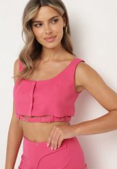 Fuksjowy Top Zapinany na Napy z Ozdobnym Paskiem Tiamarose. Czerwone topy damskie Born2be, m, bez wzorów, z jeansu, bez kołnierzyka. Za 64.99 zł.