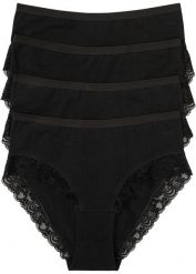 Figi maxi z bawełną organiczną i koronką (4 pary). Czarne figi damskie bonprix, bez wzorów, z bawełny. Za 67.99 zł.