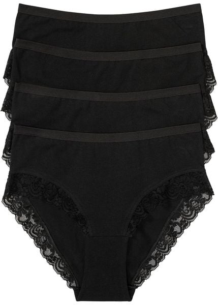 Figi maxi z bawełną organiczną i koronką (4 pary). Czarne figi damskie bonprix, bez wzorów, z bawełny. Za 64.99 zł.