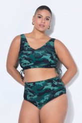 Damskie Top od bikini miękkie miseczki marszczona taśma moro. Zielone bikini damskie Ulla Popken, bez wzorów, plus size. Za 111.99 zł.
