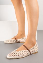 Beżowe Balerinki Boho z Szydełkową Cholewką z Paskiem Vocele. Brązowe baleriny damskie Born2be, bez wzorów, bez obcasa. Za 79.99 zł.