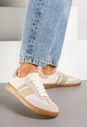 Beżowe Sneakersy Tenisówki z Ozdobnymi Paskami Nelidi. Brązowe trampki i tenisówki damskie Born2be, bez wzorów, z jeansu. Za 74.99 zł.