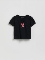 Bawełniany T-shirt z haftem - czarny. Czarne koszulki dziewczęce Reserved, m, bez wzorów, z bawełny, bez ramiączek. Za 25.99 zł.