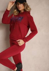 Bordowy Ocieplany Komplet Dresowy Bawełniany Spodnie Joggery i Bluza Zdobiona Nadrukiem Filoira. Czerwone bluzy z kapturem damskie Renee, m, z bawełny. Za 84.99 zł.