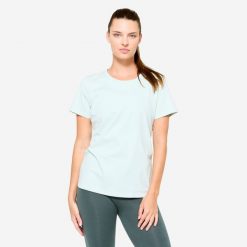 Koszulka damska Domyos Gym & Pilates. Niebieskie bluzki damskie DOMYOS, xl, bez wzorów, z bawełny, bez ramiączek. Za 39.99 zł.