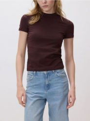 T-shirt slim fit - ciemnobrązowy. Brązowe t-shirty damskie Reserved, l, bez wzorów, z bawełny, bez kołnierzyka. Za 29.99 zł.