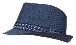 Letni Męski Kapelusz, Wakacyjny, Granatowy, Trilby, Pasek w Kotwice, Żeglarski, Pako Jeans. Niebieskie paski męskie Pako Jeans, bez wzorów, z jeansu, klasyczne. Za 55.00 zł.