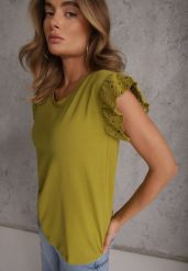 Ciemnozielona Bawełniana Bluzka z Krótkim Rękawem z Ażurowej Falbanki Voanira. Zielone bluzki damskie Renee, l, w ażurowe wzory, z bawełny, eleganckie, bez kołnierzyka, bez ramiączek. Za 49.99 zł.