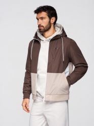 Lekka kurtka męska regular fit z podszewką i kapturem - brązowo-beżowa V1 - Rozmiar: M. Brązowe kurtki męskie Ombre Clothing, m, bez wzorów, z jeansu, biznesowe, z kapturem. W wyprzedaży za 239.99 zł.
