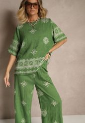 Ciemnozielony Komplet Boho z Wiskozy Szerokie Spodnie i T-shirt z Haftem Zeirae. Zielone spodnie materiałowe damskie Renee, bez wzorów, z materiału, boho. Za 74.99 zł.