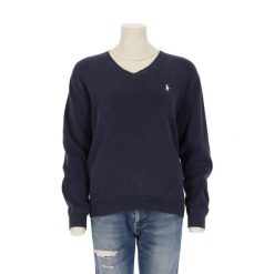 Second life - Damski granatowy sweter z dekoltem w serek - Stan bardzo dobry. Niebieskie golfy damskie Ralph Lauren, bez wzorów, bez ramiączek. Za 170.36 zł.