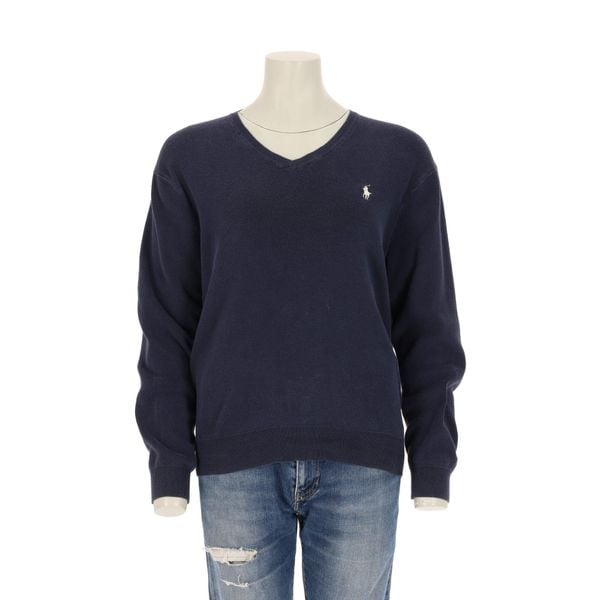 Second life - Damski granatowy sweter z dekoltem w serek - Stan bardzo dobry. Niebieskie golfy damskie Ralph Lauren, bez wzorów, bez ramiączek. Za 170.36 zł.