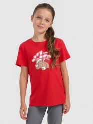 4F T-shirt regular z nadrukiem świątecznym dziewczęcy - czerwony 140 (9-10 lat). Czerwone koszulki dziewczęce 4f, bez wzorów, z bawełny, bez ramiączek. Za 39.99 zł.