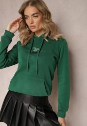 Zielona Ocieplona Bluza z Kapturem Ozdobiona Naszywką i Napisem Eirellia. Zielone bluzy z kapturem damskie Renee, xl, z dzianiny. Za 79.99 zł.