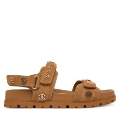 Sandały Guess. Brązowe sandały damskie Guess, z aplikacjami, bez obcasa, na płaskiej podeszwie. Za 549.99 zł.