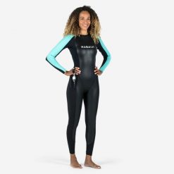 Kombinezon pływacki openwater damski Nabaiji OWS 100 z neoprenu 2/2 mm. Czarne kombinezony damskie Decathlon, l, bez wzorów, z dzianiny, biznesowe, bez kołnierzyka, bez ramiączek, długie. Za 349.99 zł.