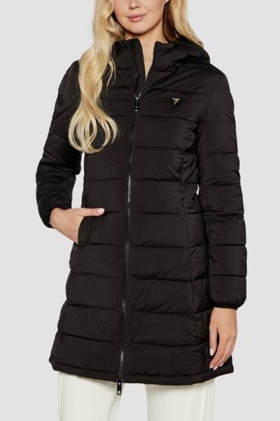 GUESS Czarna długa damska kurtka New Aleta, Rozmiar L. Czarne kurtki damskie Guess, l, z aplikacjami, bez kaptura. W wyprzedaży za 504.99 zł.