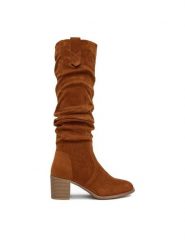 DeeZee Kozaki HX24012-1 Brązowy. Brązowe kozaki damskie DeeZee, z materiału, bez obcasa, na słupku. Za 199.99 zł.