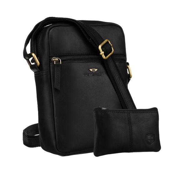 Skórzana, czarna listonoszka męska na złoty suwak w zestawie z saszetką PTN 704E-OPU Peterson. Czarne saszetki męskie Peterson, ze skóry. Za 135.99 zł.