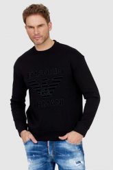 EMPORIO ARMANI Czarna bluza męska z aksamitnym logo. Czarne bluzy bez kaptura męskie Emporio Armani, l. W wyprzedaży za 599.99 zł.